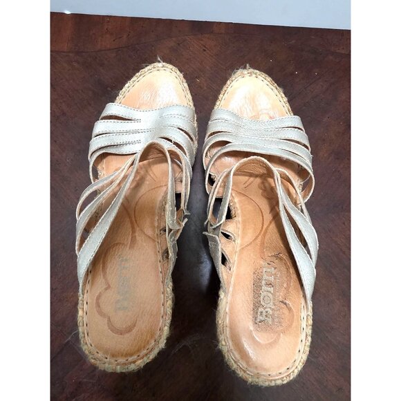 BORN Metallic Gold Leather Strappy Wedge Sandals Jute Espadrille Platform Size 8 - Picture 5 of 10